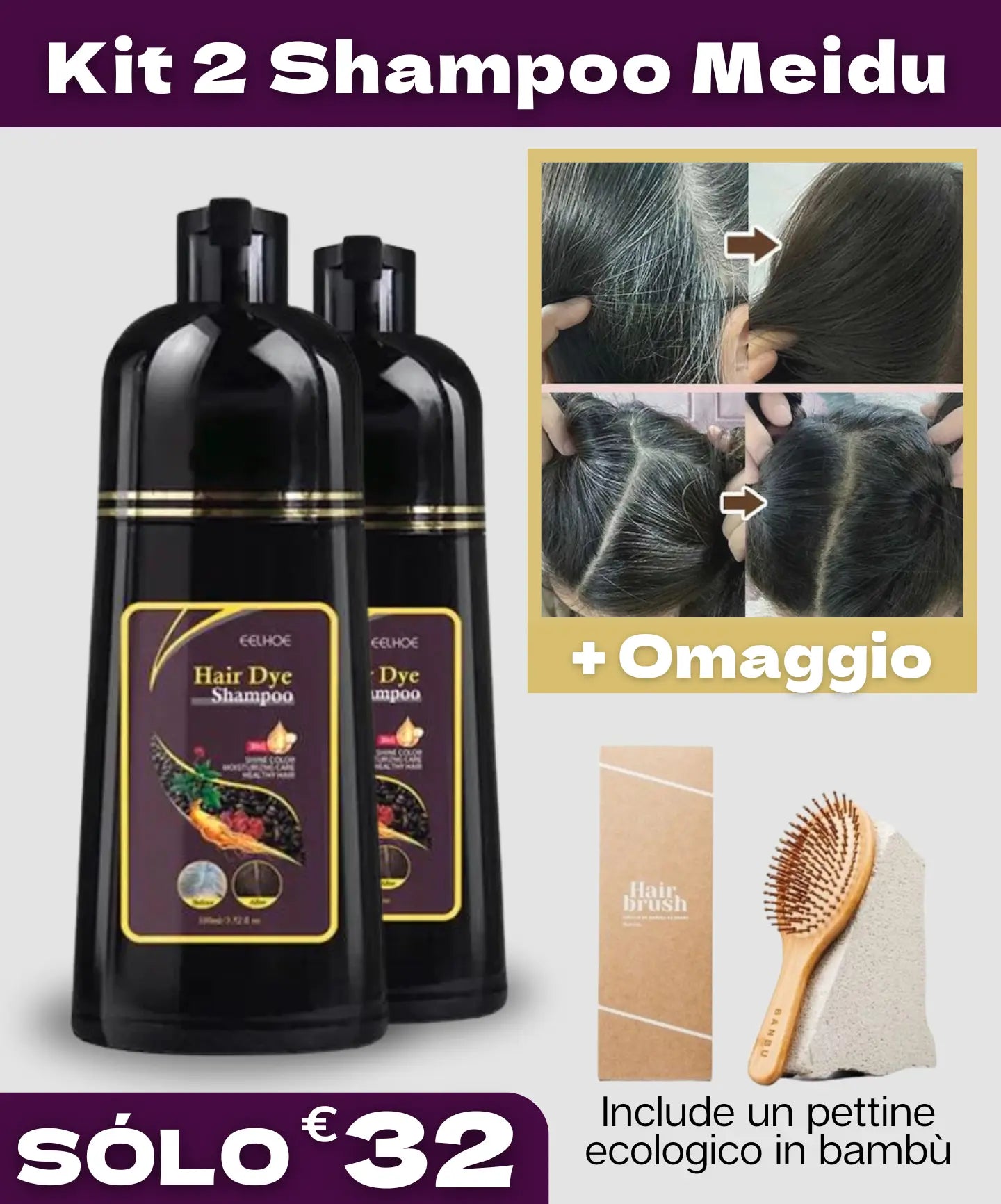 Shampoo 3 in 1 per Capelli Grigi + Pettine Ecologico in Bambù in Omaggio The box Italy